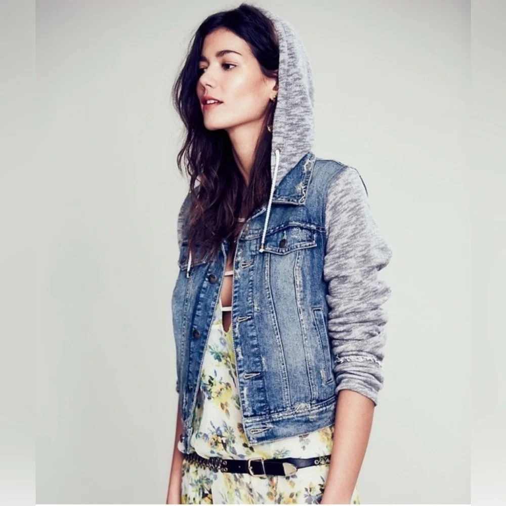 Free People Denim Hoodie Jacket Gray Knit Sleeves Boho Layered XS Slimfit Gypsy - Picture 3 of 10